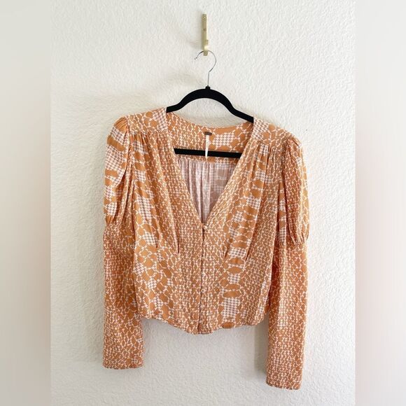 Free People Sweet On You Orange animal print Printed Shirt Blouse. Small - Picture 3 of 6